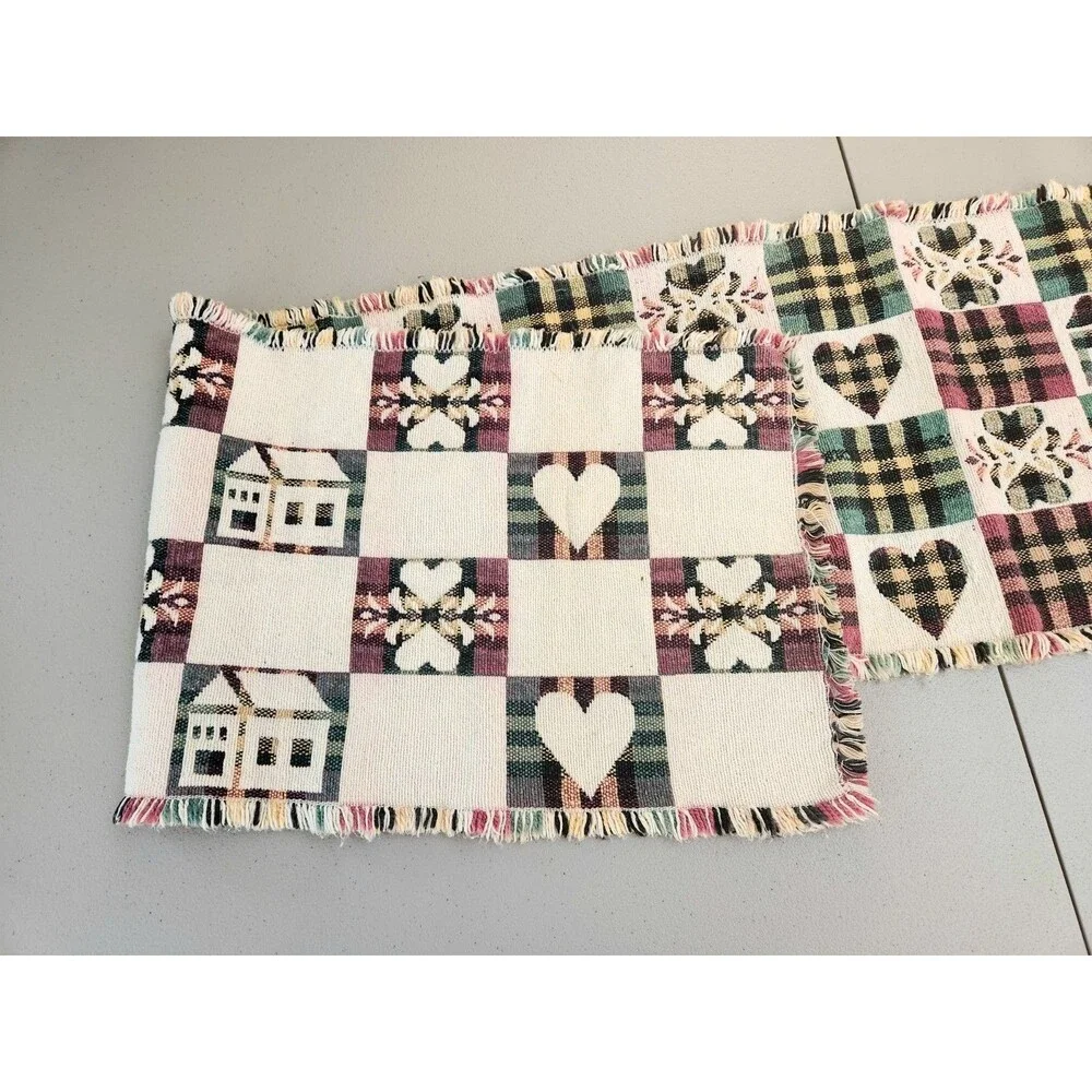 Cabin Chic Rustic Tapestry Table Runner Plaid Hearts Houses 70